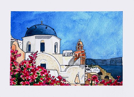 Dessin d'une vue de santorin au trait continu sur papier blanc, colorisé à l'aquarelle