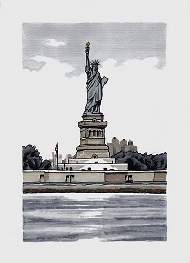 Dessin de la statue de la liberté, au trait continu sur papier blanc en niveaux de gris (chauds et froids)