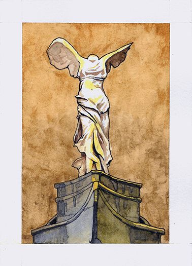 Dessin de la victoire de samothrace au trait continu sur papier blanc colorisé à l'aquarelle