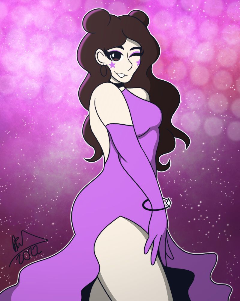Digital illustration, Celebration Jamie, featuring a purple dress and cosmic background, drawn by BWizzyArt (2022)