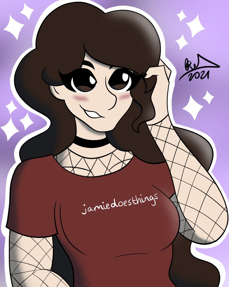 Digital illustration, jamiedoesthings, featuring fishnet top under red tee, drawn by BWizzyArt (2021)