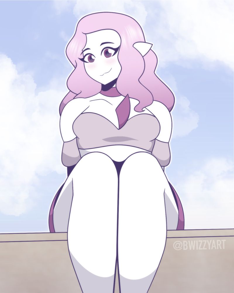 Digital illustration of a Gardevoir OC sitting on a wall in front of a blue sky. She has a pastel pink colour scheme, long pastel pink hair, a light pink strapless crop top and a vibrant pink skirt, smiling and blushing at the viewer. Drawn by BWizzyArt (2025).
