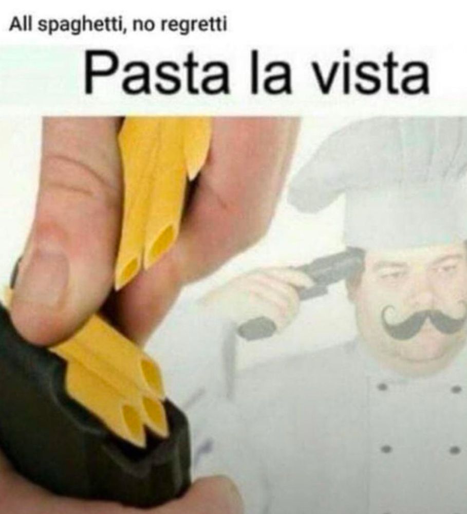 All spaghetti, no regretti the Italian chef says as he loads a gun magazine with uncooked penne regate pasta and then holds the loaded gun up to his own head. 