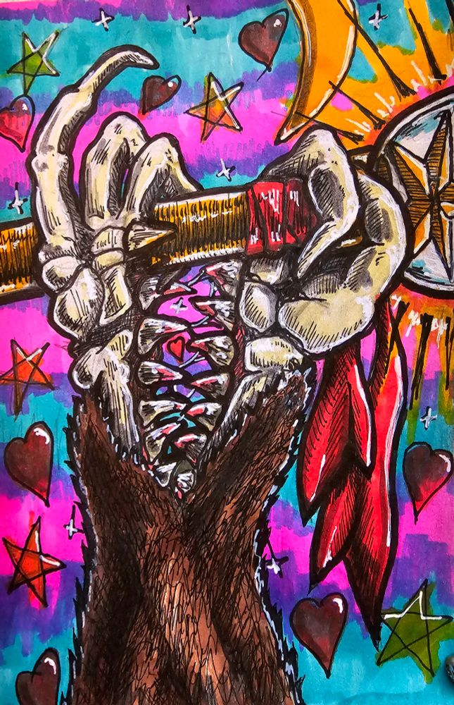 A traditional ink and alcohol markers illustration. It depicts a furred right hand splitting in two along the ulna and radius bones, twisted and growing teeth between the points where the bones interact. The 3 bony fingers on the left side bend backward to grasp a magical girl rod, while the pointer and thumb grasp the rod normally. The golden rod is capped with a crystal ball containing a trapped star, which shines magical light as the background radiates color, stars, hearts, and sparkles. A red ribbon is wrapped around the upper pole, no longer fully tied around it. 