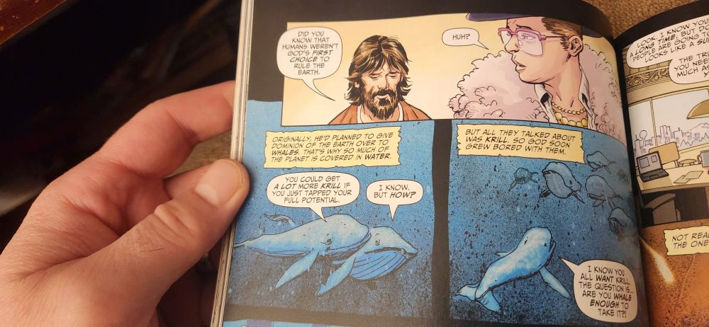 Jesus and a rich boy talking in panels of a graphic novel and whales talking about nothing but krill.