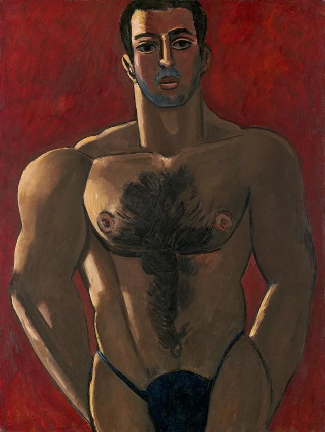 Oil painting by Marsden Hartley showing muscular shirtless male boxer with dark hair against vibrant red background, painted in modernist style with simplified facial planes and bold brushstrokes, wearing minimal dark briefs, demonstrating the artist's late figurative period from 1940