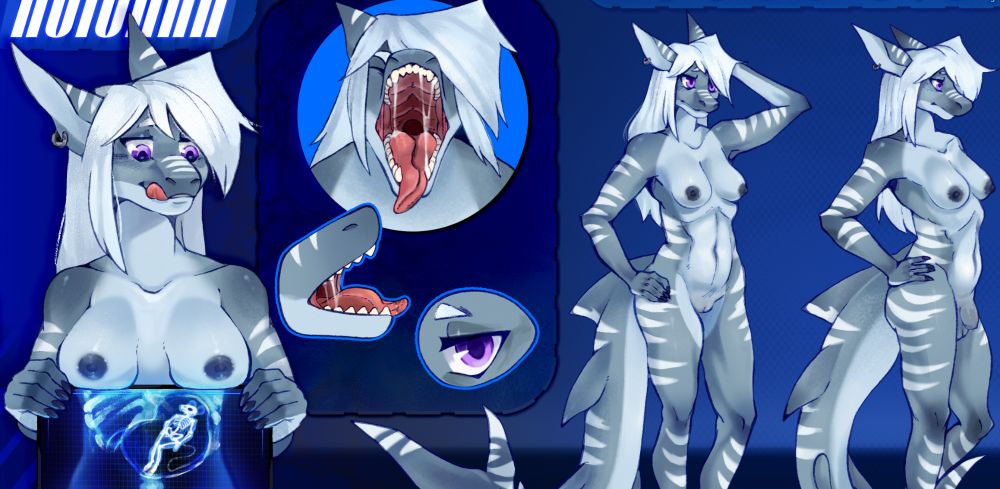 A partial crop for a ref of Roishka, a voracious light blue anthropomorphic shark with blue-white color accents on her belly/underside patterns, and also for her hair. Includes her holding an X-ray panel with her modest breasts smooshed on top, plus some detail shots of her mouth and eyes. 

Finally, there are two shots of her posing side on and at a 45 degree view. The x-ray panel covers her general torso, and has the ghostly image of her skeleton partially shown, but most importantly the full skeleton of a tiny prey. They are chilling in an ghostly bean-shaped outline of her stomach organ.