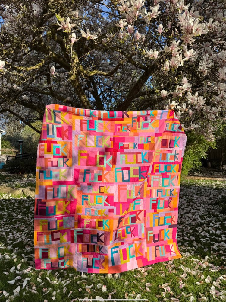 An amazingly beautiful but very bright quilt behind held in front of a 100 year old magnolia tree in full bloom. There are petals all over the ground and the quilt says fuck, over and over again, 47 times to be exact. 