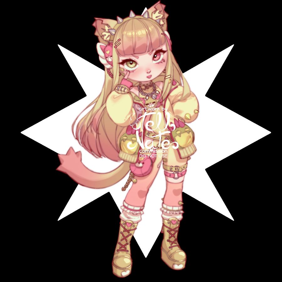 A fullbody illustration in a chibi style of a catgirl with a cacti motif. She wears various forms of spiked clothing and holds one finger to her eye while showing her tongue and her other arm on her waist.