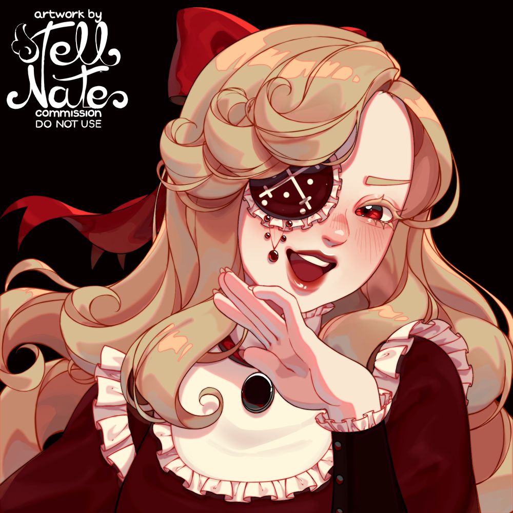 An illustration of a woman from the bust up. She laughs obnoxiously at the viewer. Her blond hair is curled and tied by a bow, she wears a fancy eyepatch with frills and jewels, her outfit consists of various shades of dark red.