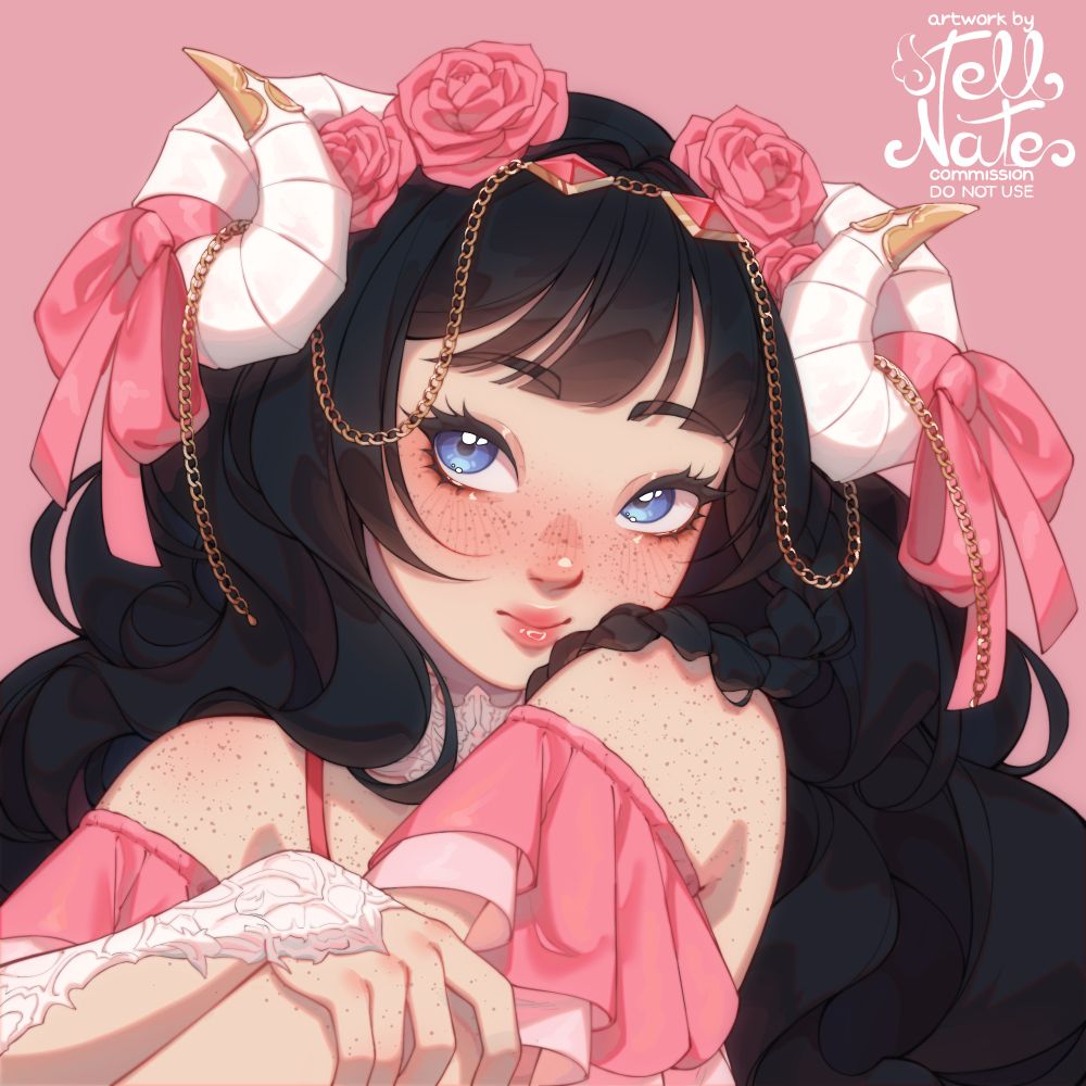 A bust up illustration of a female character, she looks shyly at the viewer and has her face rested on her right shoulder. She is an Au'ra character from Final Fantasy XIV, she has pale skin, dark hair and blue eyes. Her horns are adorned with jewelry, roses and ribbons.