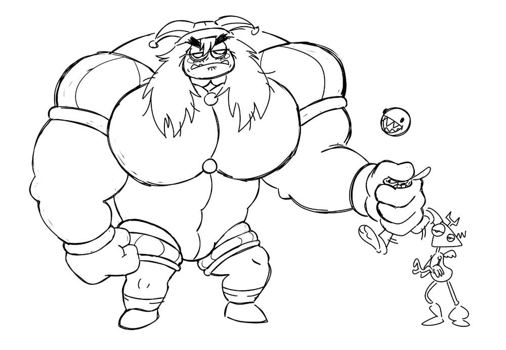 line sketch of pomni transformed into a giant buff version of herself crushing jax. zooble and bubble watch approvingly