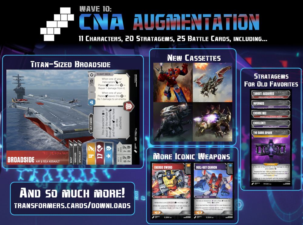 A promotional image for the Transformers TCG Wave 10: CNA Augmentation, available at transformers.cards/downloads