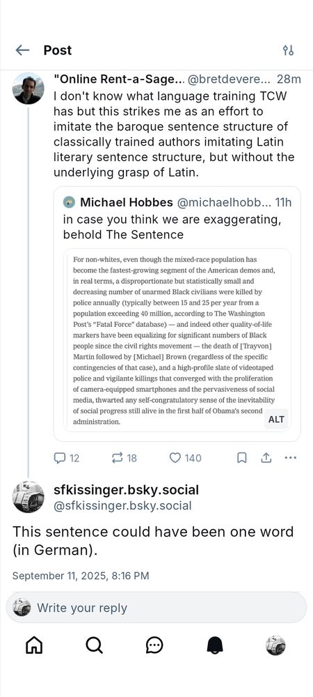 A post quoting a post quoting a very long, convoluted, stupid sentence. A reply to the post says "this sentence could have been one word (in German)."