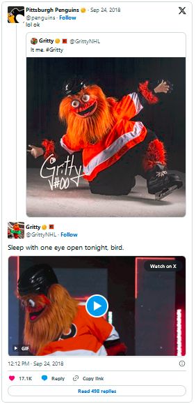 A series of tweets. The first is a quote tweet of Gritty's introductory post from the @penguins account saying "lol, ok." Second is Gritty's response of "Sleep with one eye open tonight, bird."