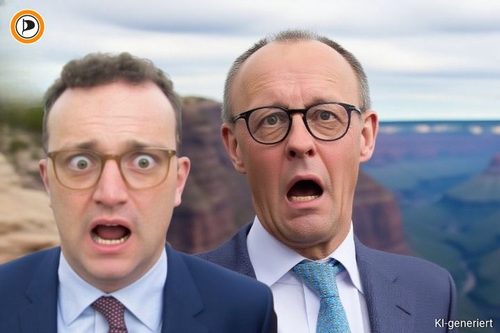 !B Spahn und Merz mit Angst verzerrten Gesichtern stehen am Abgrund