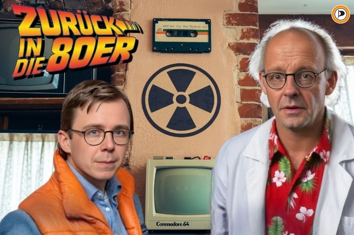 !B Amthor und Merz als Marty McFly und Doc Brown, Text ZURÜCK IN DIE 80ER 