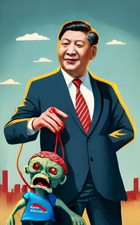 !B Xi Jinping steuert eine Zombie Marionette, die ein AfD T-Shirt trägt