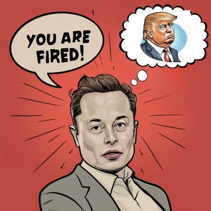 !B Comic Zeichnung von Elon Musk, der sagt: "You are fired!" und an Trump denkt.