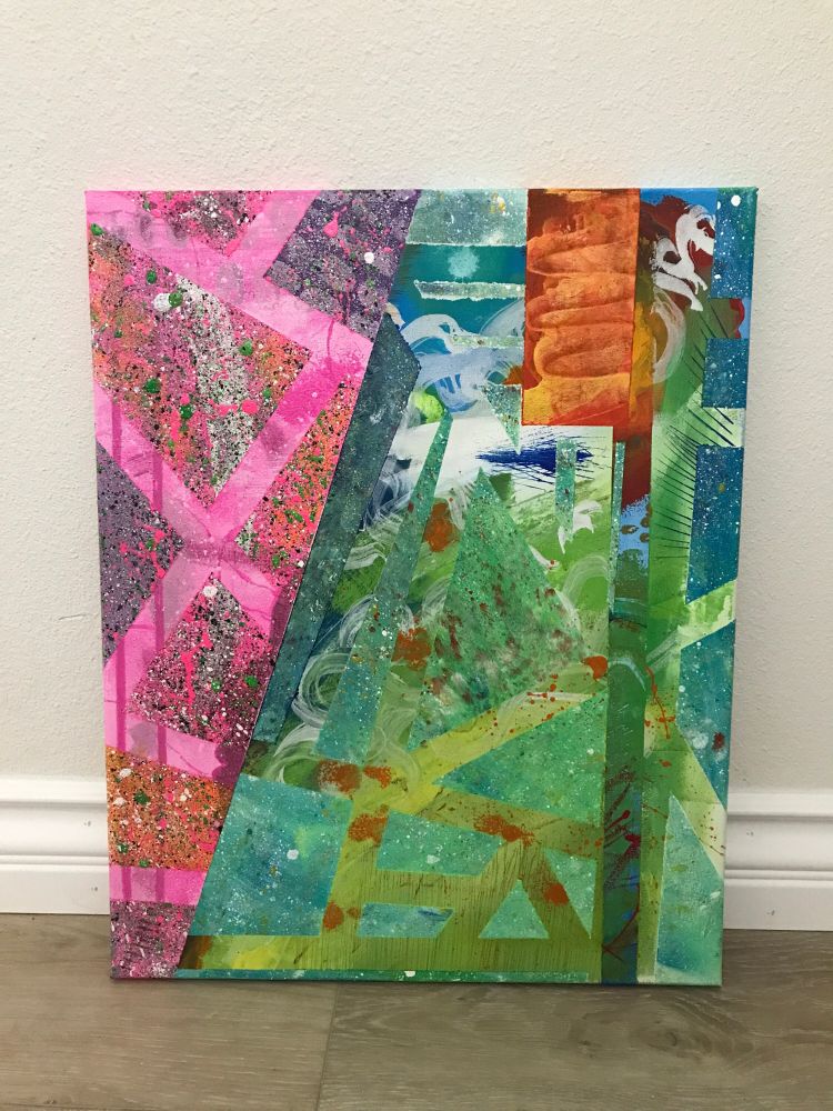 An abstract painting divided into two parts at a diagonal angle. The left side is primarily pink and the right side is primarily a blue/green. 
