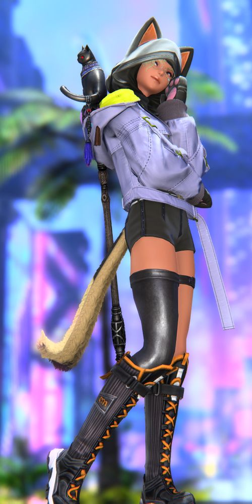 My kitty cat witch fit. Lots of black with a hi-viz purple and green jacket.