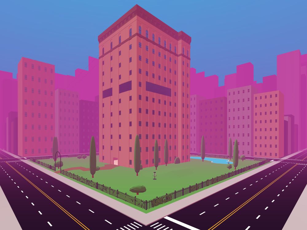 A city environment in VRChat, with a center focus on a sky scraper placed in a park like area.