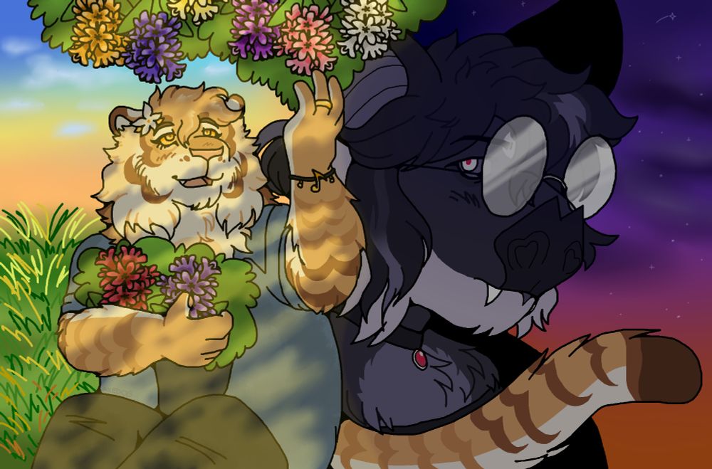 a scene drawing of Sam and Deva from woodvalerz's story Stella Maris, pictured in a sunset and twilight setting with Sam on the sunset side and Deva on the twilight side. Sam is picking up and admiring hyacinth flowers while Deva is glancing at her longingly.