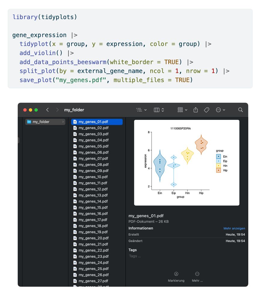 library(tidyplots)

gene_expression |> 
  tidyplot(x = group, y = expression, color = group) |> 
  add_violin() |> 
  add_data_points_beeswarm(white_border = TRUE) |> 
  split_plot(by = external_gene_name, ncol = 1, nrow = 1) |> 
  save_plot("my_genes.pdf", multiple_files = TRUE)