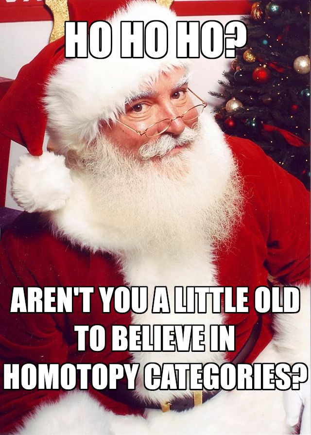Santa looking over his glasses at you. Caption: "Ho ho ho? Aren't you a little old to believe in homotopy categories?"