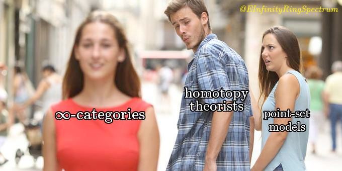 Boyfriend "homotopy theorists" whistles while looking over his shoulder at girl "∞-categories" as his girlfriend "point-set models" looks at him in disgust