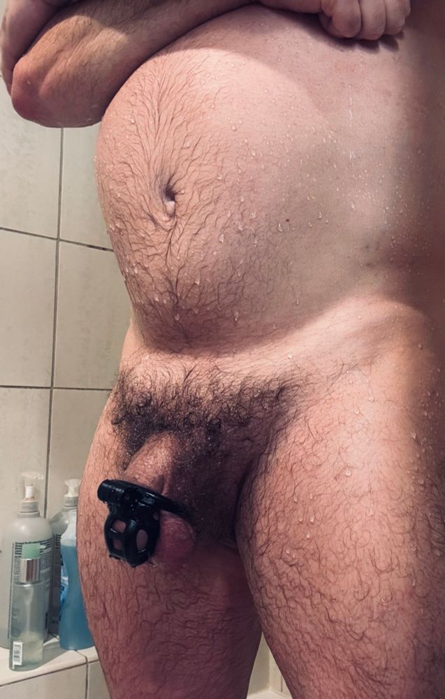 mid-shower nude selfie with cock locked in chastity for Locktober