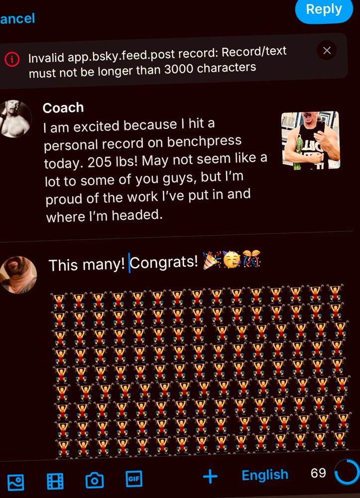 many emoji in a sequence showing 69 characters remaining that Bluesky won’t post saying it’s longer than 3000