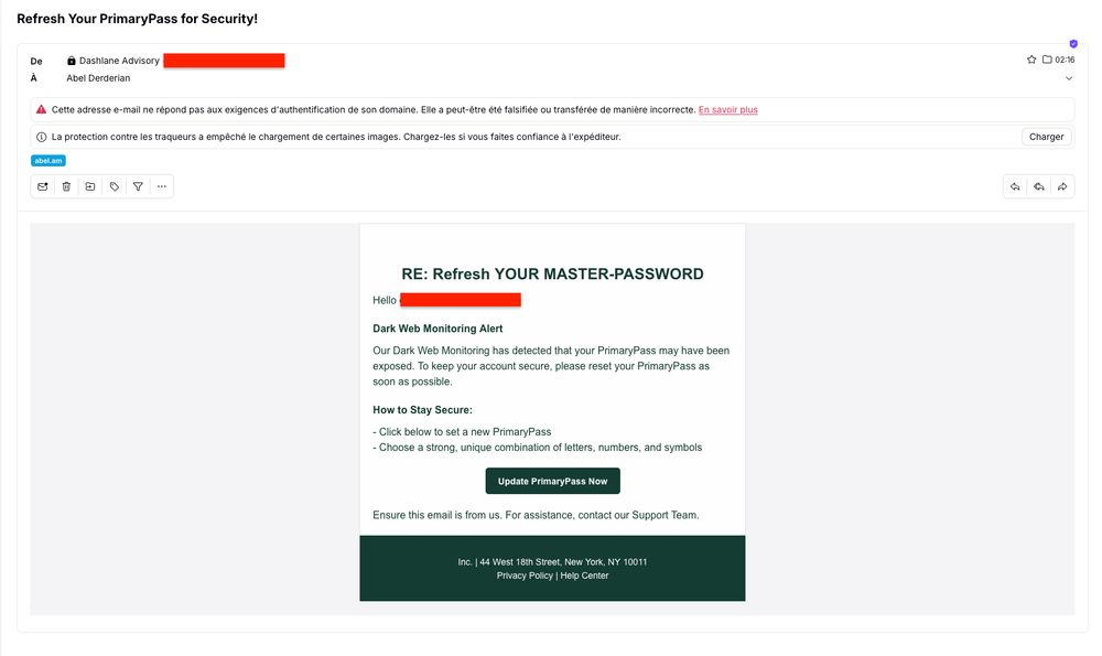 Un mail de phishing qui m'incite à cliquer sur un lien pour mettre à jour soit-disant mon mot de passe principal de Dashlane.