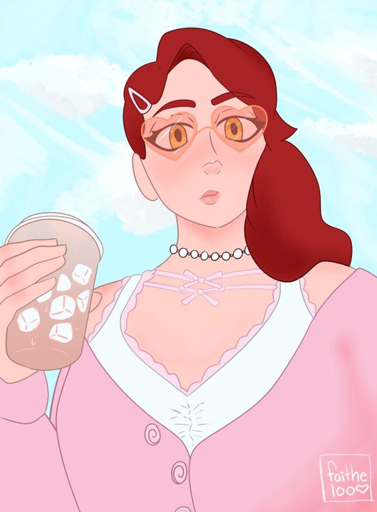 A drawing of a girl with red hair in girly clothing and rose-colored heart-shaped sunglasses, with an iced drink in hand.