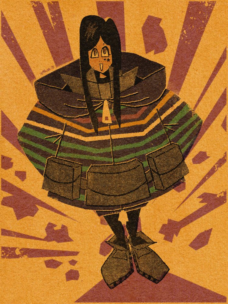wayward, a young woman with long black hair wearing a giant hoodie that obscures most of her body except her head and legs, looking up and grinning while holding her hands behind her back