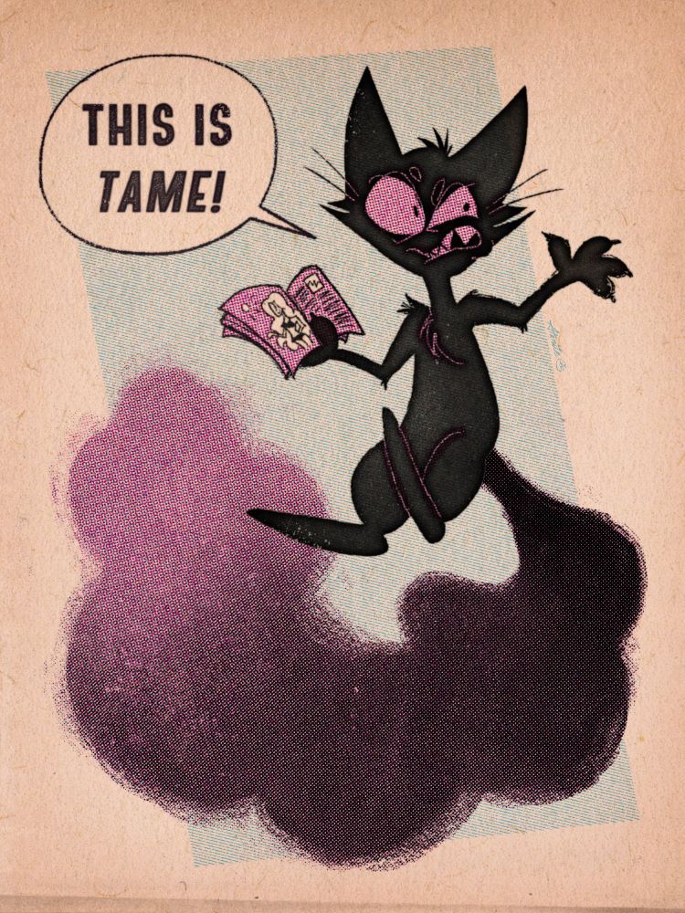 obelin, a ghostly black cat with a cloudy purplish tail, holding up a magazine with a photo of a woman in a bikini and gesturing towards the right with an annoyed and disgruntled facial expression, saying "this is TAME!"