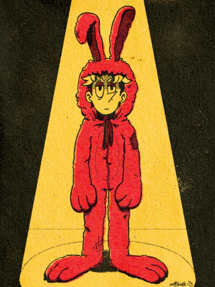cartoon drawing of fritz, a young man with messy blond hair, wearing a fluffy (but old and raggedy) pink bunny mascot suit while standing under a spotlight, looking thoroughly unimpressed