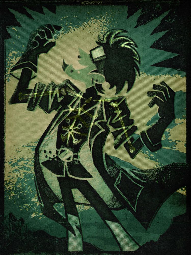 TB, dressed in a lab coat, long gloves, and goggles, posing like a mad scientist against an explosive abstract backdrop. his skeletal tattoos give off a faint, ghostly glow.