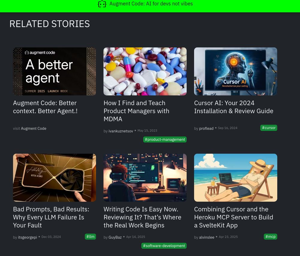 the bottom of a hackernoon article contains a mess of links to terrible recommended stories, mostly vibecoding, but one entitled "how i find and teach product managers with mdma"