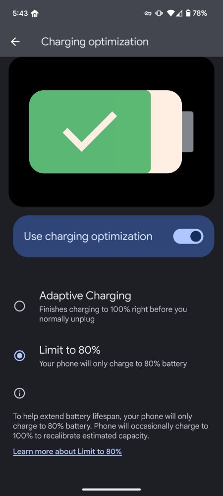A screenshot of Android 15's charging optimization settings, running on a Google Pixel 6. A new 