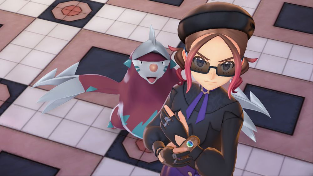 Screenshot from Pokémon Legends Z-A. The player character is looking up with a serious expression, while holding her mega ring. Behind her is a shiny Excadrill.