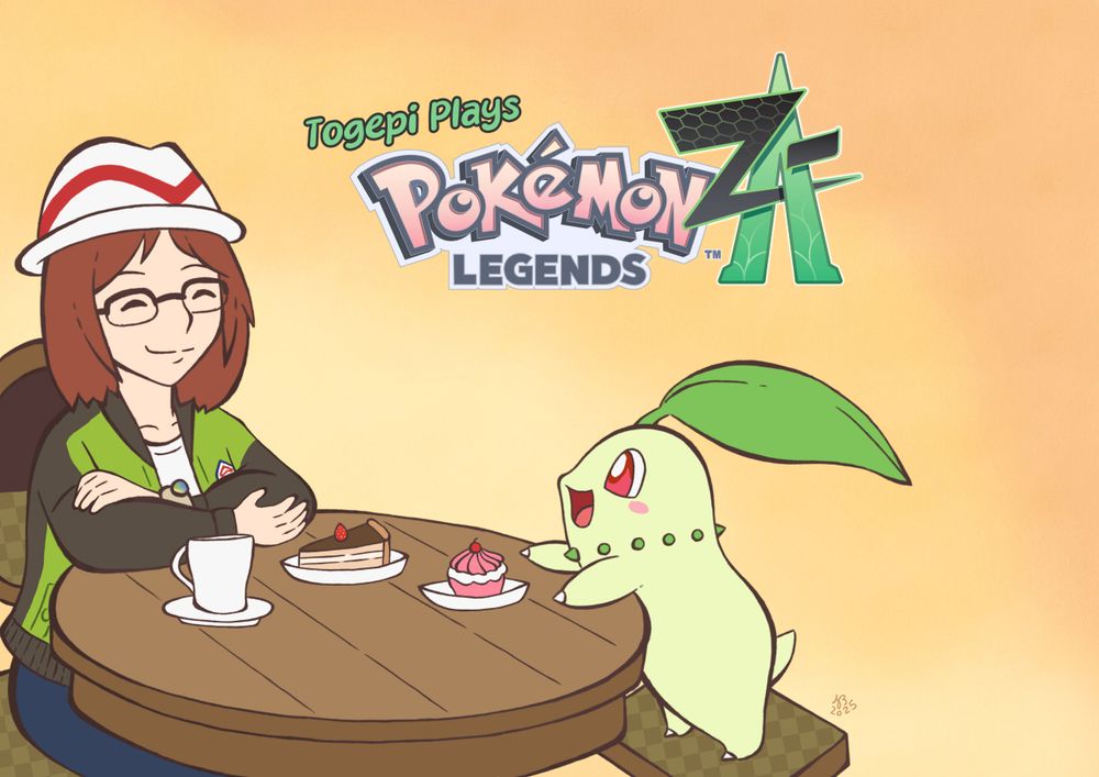 Digital illustration of myself as the female protagonist of Pokémon Legends Z-A sat at a table with Chikorita.