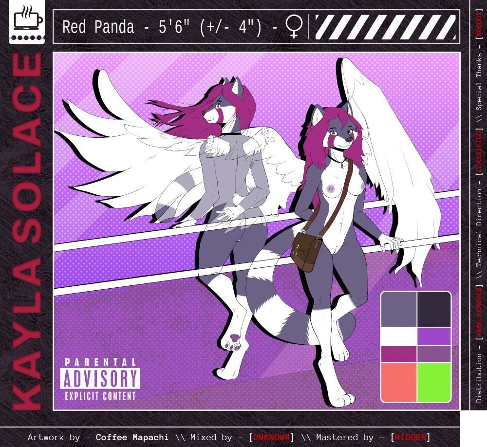 A reference sheet for Kayla Solace, a red panda with purple fur who is 5'6" (+/- 4") styled after an album cover. It says "Parental Advisory, Explicit Content" and all of the album credits have been redacted/hidden.

This version of the reference sheet depicts her nude, with breasts and vagina visible.