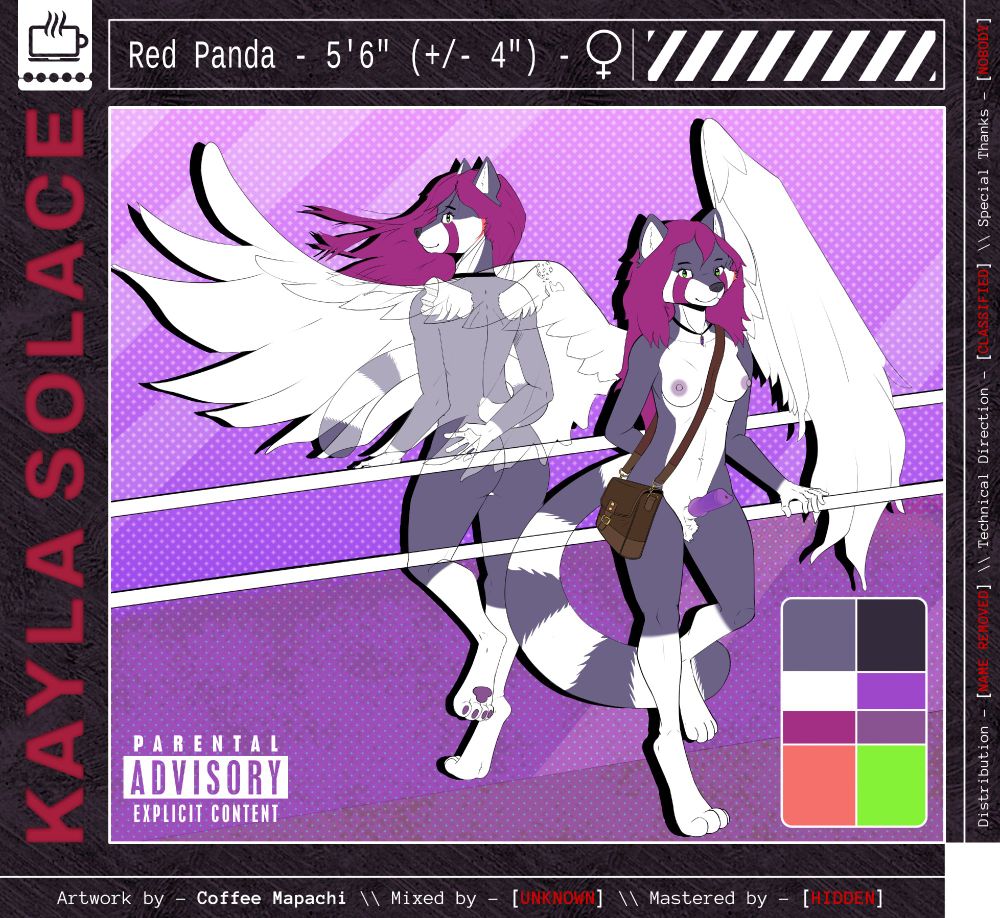 A reference sheet for Kayla Solace, a red panda with purple fur who is 5'6" (+/- 4") styled after an album cover. It says "Parental Advisory, Explicit Content" and all of the album credits have been redacted/hidden.

This version of the reference sheet depicts her nude, with breasts and cock visible.
