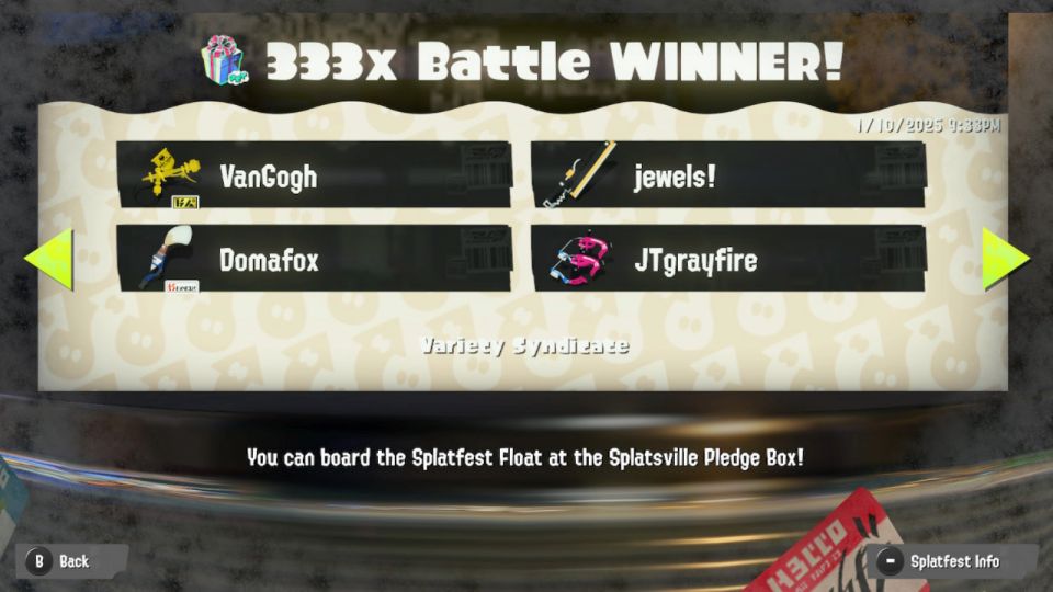 A signboard showing the names of those that won the 333x battle in splatoon 3