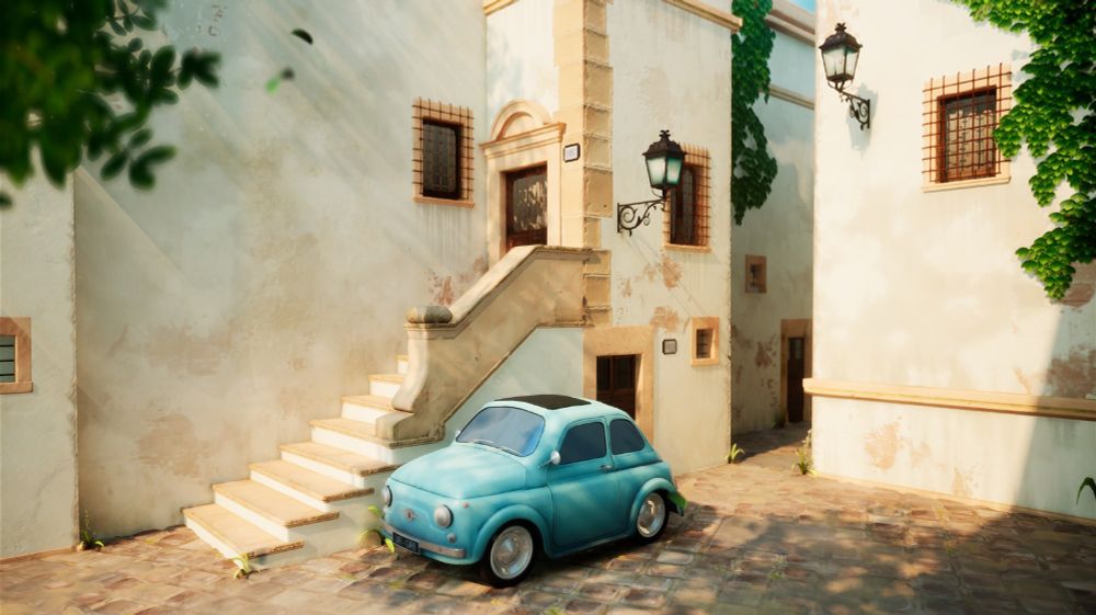 A screenshot of me Rome scene. There are beige-tinted walls, decorated with growing ivy and in the center, there is a light-blue Fiat 500 parked.