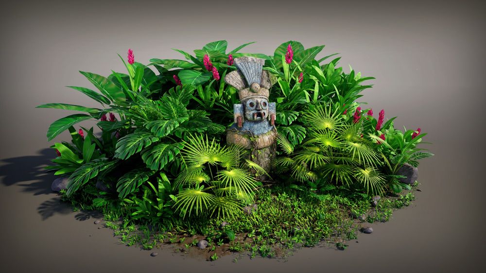 A screen capture of my jungle diorama. In the middle is an Aztec-styled statue, surrounded by a large collection of lush, green jungle plants. 