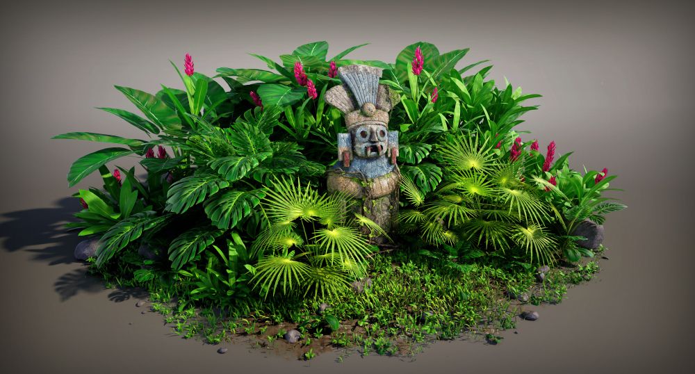 A screen capture of my jungle diorama. In the middle is an Aztec-styled statue, surrounded by a large collection of lush, green jungle plants. 