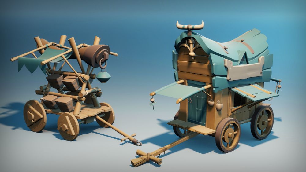 A colored screen capture of two stylized carts. They are both largely made of wood and exaggerated shapes, giving them their charming, stylized flair.