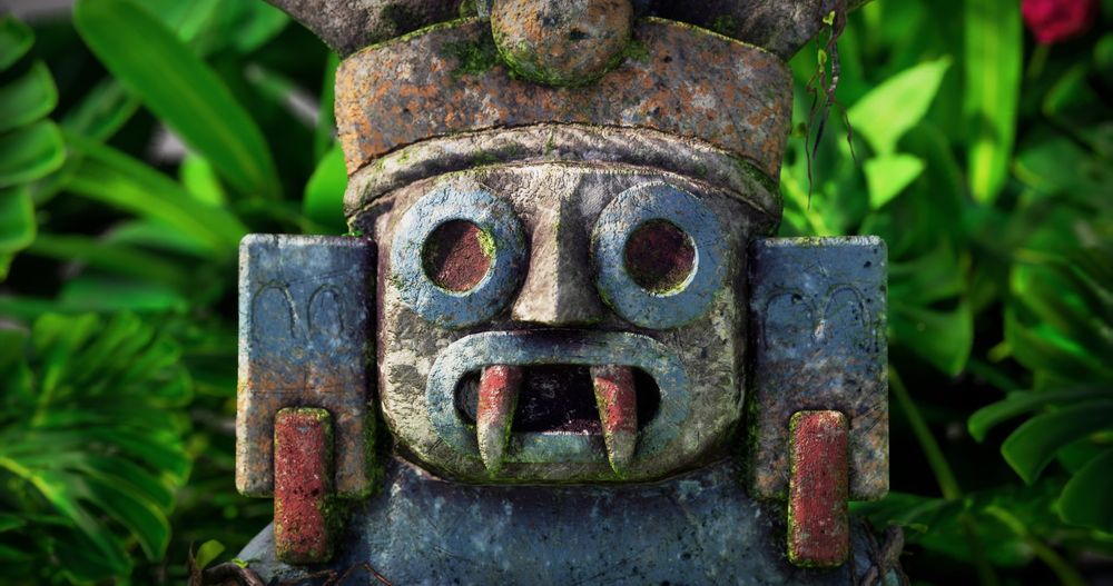 A close-up of the Aztec statue from the jungle scene. It depicts the deity Tlaloc.
